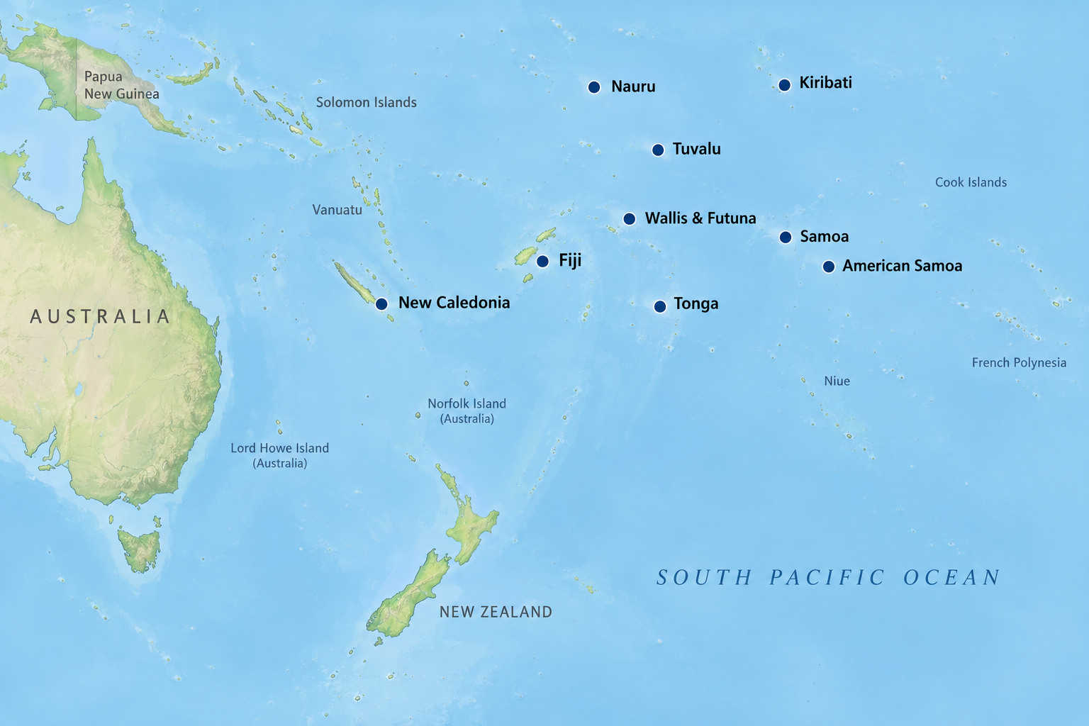Map of the South Pacific marking Fiji, Tuvalu, Kiribati, Nauru, New Caledonia, Wallis and Futuna, Tonga, Samoa, and American Samoa.